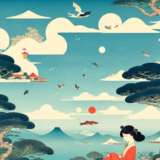 Prompt: Ukiyo-e style, Kate Greenaway,  Jessie Willcox Smith, Heikala, Tokyo future scape, blue sky with some clouds, flying cars, floating gold fishes, Japanese high school girl, looking up at  rainbow, beautiful face dark hair, hyper detailed, high resolution, high definition, high quality, masterpiece, Japanese anime, manga lines, realistic 
