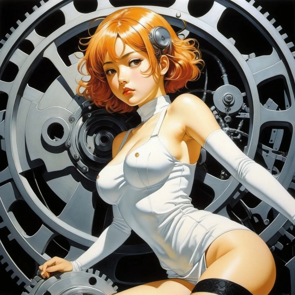 Prompt: Francis Picabia, katsuhiro Otomo, Satoshi Kon, Kazuma Kodaka, Cristian Eres, Surrealism, wonder, strange, bizarre, fantasy, Sci-fi, Japanese anime, living machine in the darkness, lying gears, miniskirt beautiful high school girl, perfect voluminous body, detailed masterpiece 