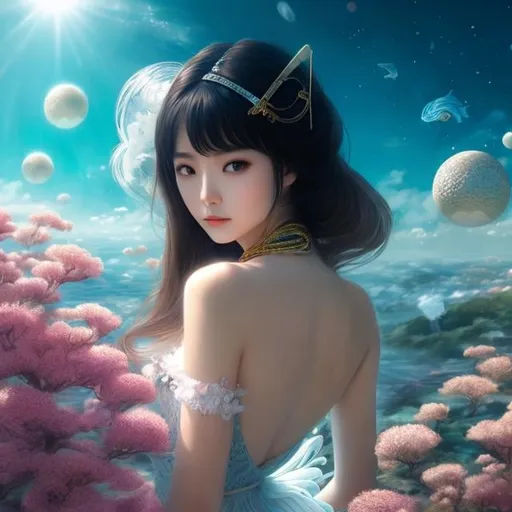 Prompt: Mihona Fujii, Manuel Orazi, Surreal, mysterious, strange, fantastical, fantasy, Sci-fi, Japanese anime, the infinite library in your head, the miniskirt beautiful girl who breaks the sea of ​​glass, detailed masterpiece perspectives angles