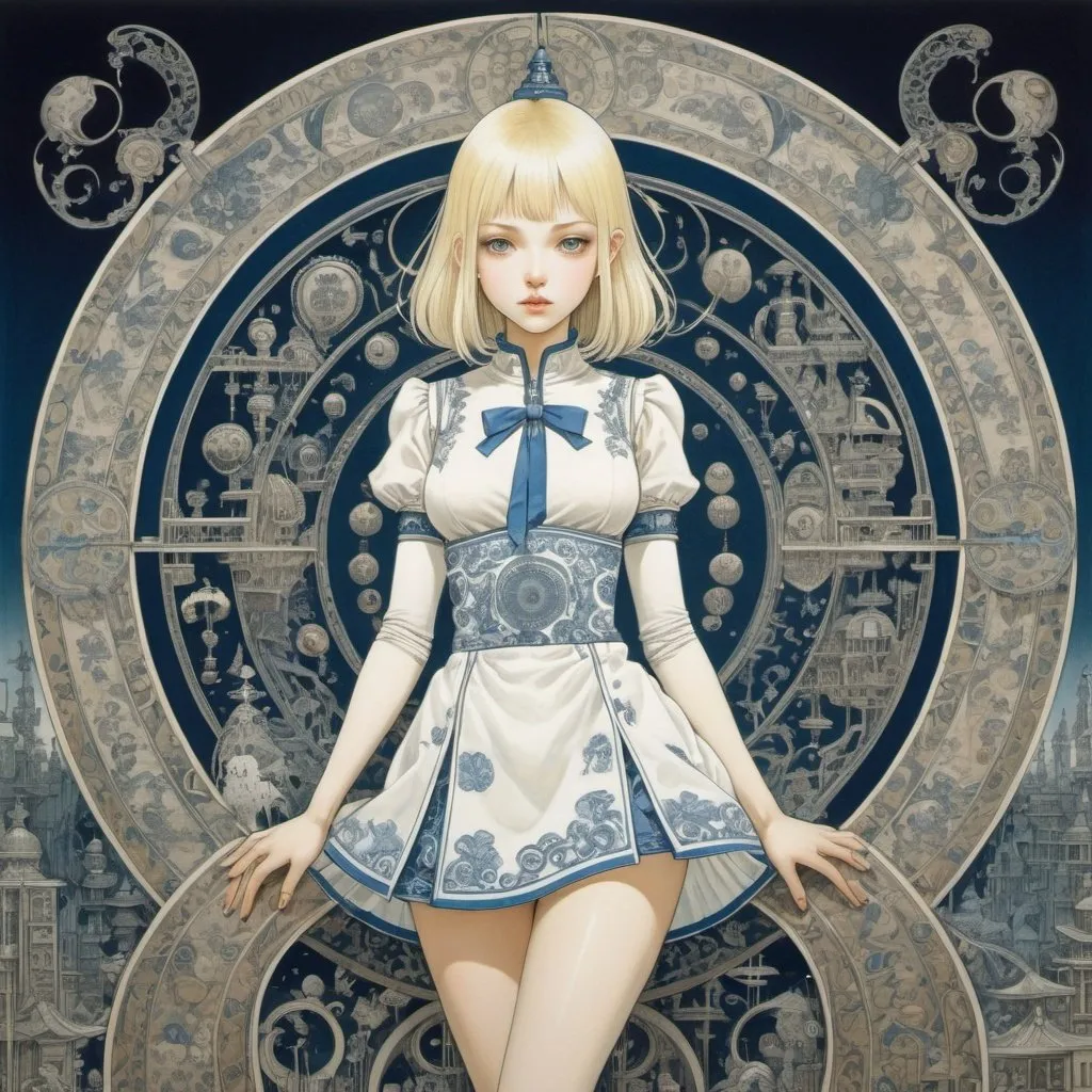 Prompt: Kay Nielsen, Kim Jung Gi, Surreal, mysterious, strange, fantastical, fantasy, Sci-fi, Japanese anime, baroque blueprint, paradise labyrinth of symbols and representations, blonde miniskirt beautiful girl Alice, perfect voluminous body, detailed masterpiece 