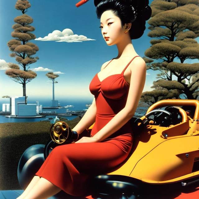 Prompt: Katsuhiro Otomo, Leonor Fini, Surreal, mysterious, strange, fantastical, fantasy, Sci-fi, Japanese anime, a miniskirt beautiful girl who repairs a go-kart type time machine, perfect voluminous body, driving towards tomorrow, detailed masterpiece mechanical 