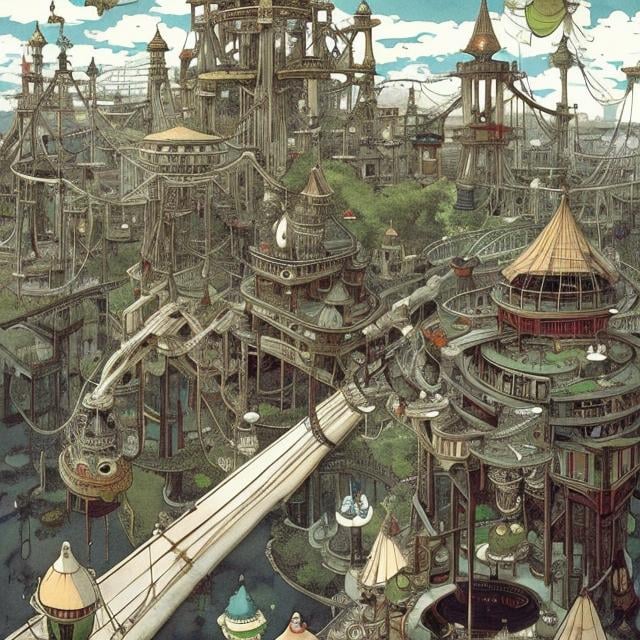 Prompt: Heath Robinson Anime　surreal　wondrous　strange　Whimsical　absurderes　fanciful　Sci-Fi Fantasy　City-states ruled by steam engines and magic　Revival of wings　Roof top amusement park, a beautiful girl