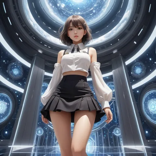 Prompt: Honor Appleton, Maria Elisabeth Georgina Ansingh, Surreal, mysterious, strange, fantastical, fantasy, Sci-fi, Japanese anime, assembly type microcosm, miniskirt beautiful girl, perfect voluminous body, detailed masterpiece high low angles perspectives 