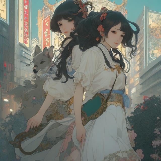 Prompt: James Jean, Alphonse mucha, Japanese anime, Miniskirt high school girl walking with Cerberus in Tokyo at night, city scene, hyper detailed high resolution high definition high quality masterpiece 