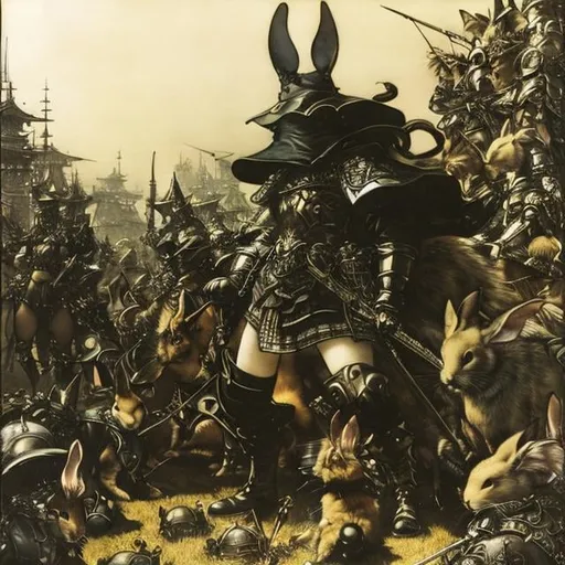 Prompt: Masamune Shirow, Arthur Rackham, Surreal, mysterious, strange, fantastical, fantasy, Sci-fi, Japanese anime, miniskirt beautiful witch, perfect voluminous body, surrounded by a group of armored rabbits in the schoolyard, on the verge of fighting, detailed masterpiece 