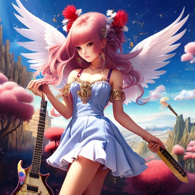 Prompt: Carles Garcia O'Dowd, Nanae Chrono, Dadaism, Surreal, Mysterious, Strange, Fantastic, Fantasy, Sci-Fi, Japanese Anime, Allegory of the Triumph of Love, Cupid Playing the Guitar, Dancing Blonde Miniskirt Beautiful Girl, Alice, Arabesque, Elemental Symbols, details masterpiece 