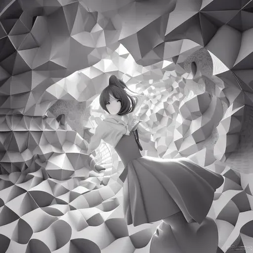 Prompt: M C Escher, Mabel Attwell, Surreal, mysterious, bizarre, fantastical, fantasy, Sci-fi, Japanese anime, miniskirt beautiful girl Alice, perfect voluminous body, architectural adventure in the world of 3D geometry, vectors, trigonometric functions, exponents and pairs, Numbers, calculus, arc, equation of motion, force, energy and heat, Hertz and Pascal, gas, vibration, beauty and mathematics, helical force, morphology, hyper detailed masterpiece high resolution definition quality, depth of field, cinematic lighting, full colour 