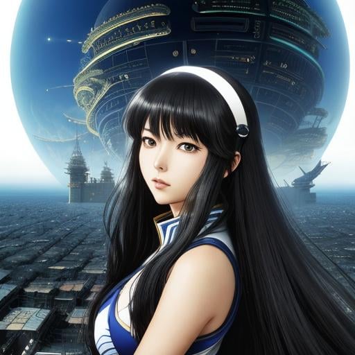 Prompt: Masamune Shirow, Junaida, Kate Greenaway, Larry Elmore, Surreal, mysterious, strange, fantastical, fantasy, sci-fi, Japanese anime, this is the future, a new era, if we change the whole world, if we change it... Erase all the jams and stuff, let's metamorphose with this world Music, the magic you create, close your eyes The future will open up and I'll sing this song so that it will never end. A beautiful girl in a miniskirt, perfect voluminous body, singer girl, hyper detailed masterpiece high resolution definition quality, depth of field cinematic lighting 