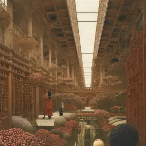 Prompt: Katsuhiro Otomo, Dante Gabriel Rossetti, surreal, mysterious, strange, bizarre, fantasy, Sci-fi, Japanese anime, beautiful girl, depicting things that cannot be represented, visions, inside the mirror, animals, flowers, people, labyrinths, buildings, future memories, visions and modeling, detailed masterpiece 