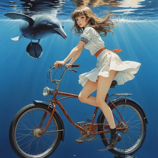 Prompt: Shigeru Tamura, Hiro Fujiwara, Fritz Gareis, Viktor Vasnetsov, Masamune Shirow, Surrealism, wonder, strange, fantastical, fantasy, Sci-fi, Japanese anime, a beautiful high school girl in a miniskirt who travels on a bicycle on a deep blue sea of ​​liquid glass due to surface tension, perfect voluminous body, the slow leap of a whale, a seagull, reflection refraction detailed masterpiece 