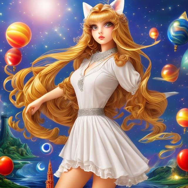 Prompt: Giovanni Meschini, Louis Wain, Surreal, mysterious, bizarre, fantastical, fantasy, Sci-fi, Japanese anime, paradox, riddle, doublet, anagram, acrostic, tangram, mnemonics, elementary geometry, cryptography, origami, logic game, miniskirt blonde beautiful girl Alice, perfect voluminous body, detailed masterpiece 