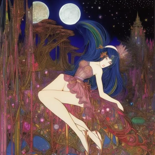 Prompt: Harry Clarke, Roger Broders, Surreal, mysterious, strange, fantastical, fantasy, Sci-fi, Japanese anime, night on the game board, slow gentle light, beautiful blonde miniskirt girl Alice, perfect voluminous body, rotating moon and stars, detailed masterpiece angles 