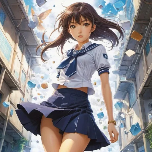 Prompt: Noriko Ueno, Binette Schroeder, Surreal, mysterious, strange, fantastical, fantasy, sci-fi, Japanese anime, a beautiful high school girl in a miniskirt who collects and connects the fragments of time, perfect voluminous body, detailed masterpiece 