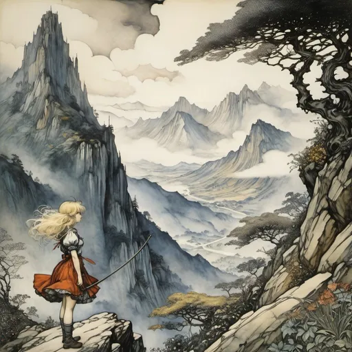 Prompt: Arthur Rackham, Racey Helps, Annette Tison, Surreal, mysterious, bizarre, fantastical, fantasy, Sci-fi, Japanese anime, cat lurking in the shadows, flying blonde miniskirt beautiful girl Alice, perfect voluminous body, mysterious creatures, towering mountains, ferocious plants, detailed masterpiece low high angles perspectives 