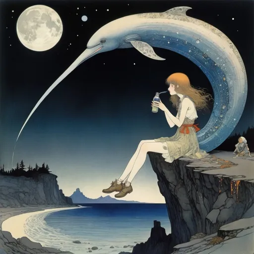 Prompt: Harry Clarke, Virgil Finley, Anton Pieck, John Bauer, Shigeru Tamura, Surrealism, strange, bizarre, fantastical, fantasy, sci-fi, Japanese anime, beautiful high school girl in a miniskirt drinking bottled moonlight, perfect voluminous body, riverbed in the galaxy, watching the space whale leap, detailed masterpiece 