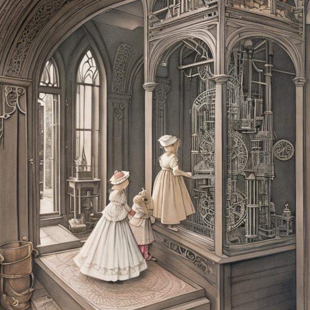 Prompt: Cicely Mary Barker, Margaret Tarrant, Virginia Frances Sterrett, inside clock tower, gears machines contraptions, girl walking up spiral stairs, hyper detailed, Japanese anime, manga lines, high quality high resolution high definition masterpiece , colour, realistic 
