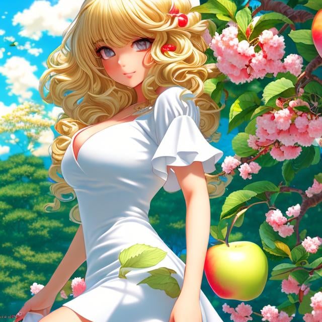 Prompt: Sydney Sime, Japanese anime, Katsuhiro Otomo, manga lines, Eve, solo girl, blonde hair innocent beautiful face, perfect body tight dress, under apple Tree, holding an apple, huge snake, hyperdetailed, realistic, high resolution, high quality, high definition, masterpiece 