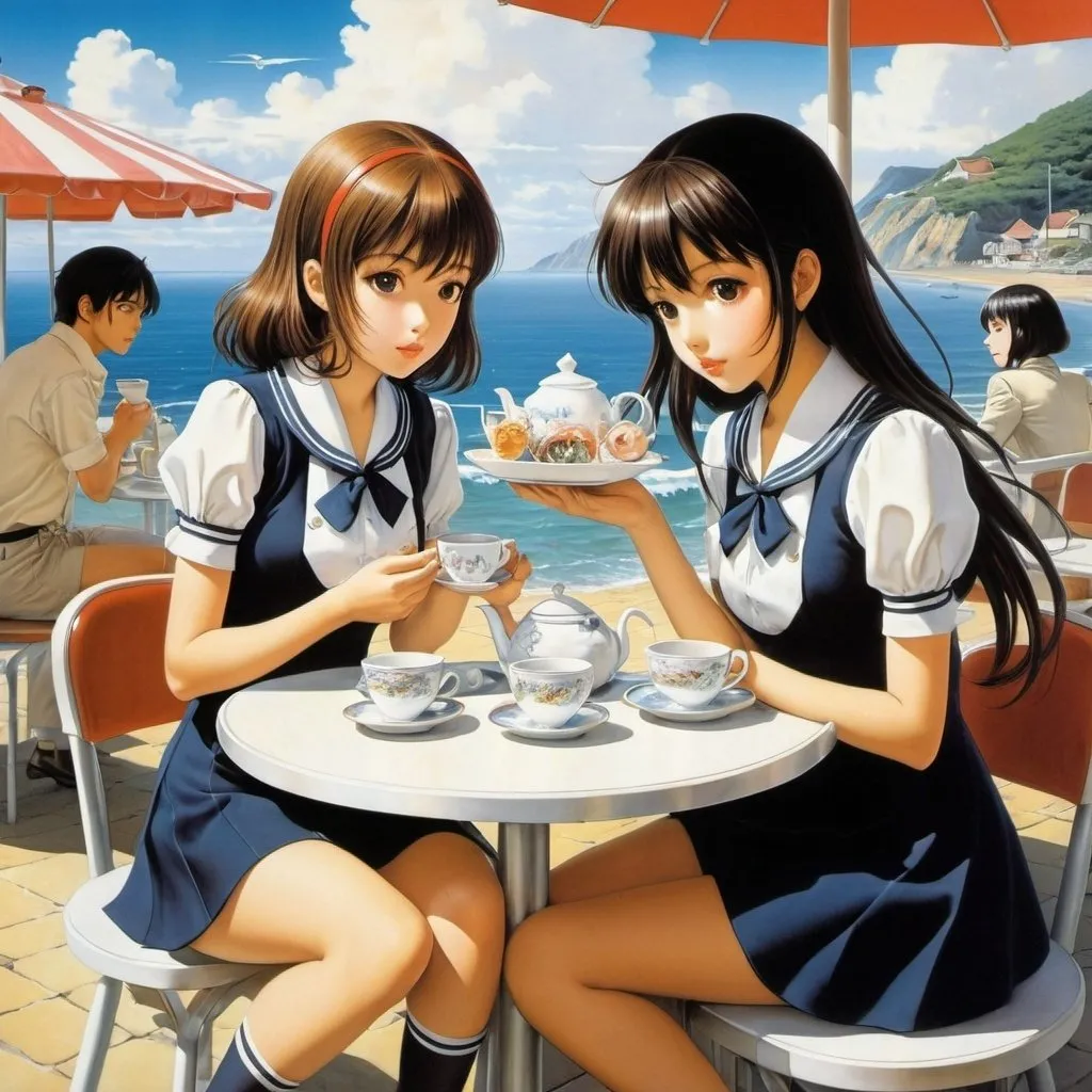 Prompt: Hiroshi Masumura, Jane Graverol, Aoi Hiiragi, Duilio Cambellotti, Al Williamson, Surrealism, wonder, strange, bizarre, fantasy, Sci-fi, Japanese anime, miniskirt beautiful high school girl having tea with an octopus, perfect voluminous body, seaside cafe, detailed masterpiece 