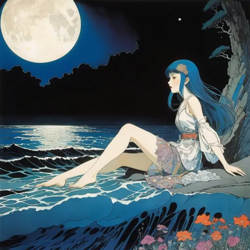 Prompt: Harry Clarke, Mabel Attwell, Reiji Miyajima, Surreal, mysterious, strange, fantastical, fantasy, sci-fi, Japanese anime. Waking up a stone that has begun to sleep, When you shine a light on it, the ocean part is exposed on the tabletop, The tail of the night, Beautiful high school girl in a miniskirt, perfect voluminous body, detailed masterpiece 