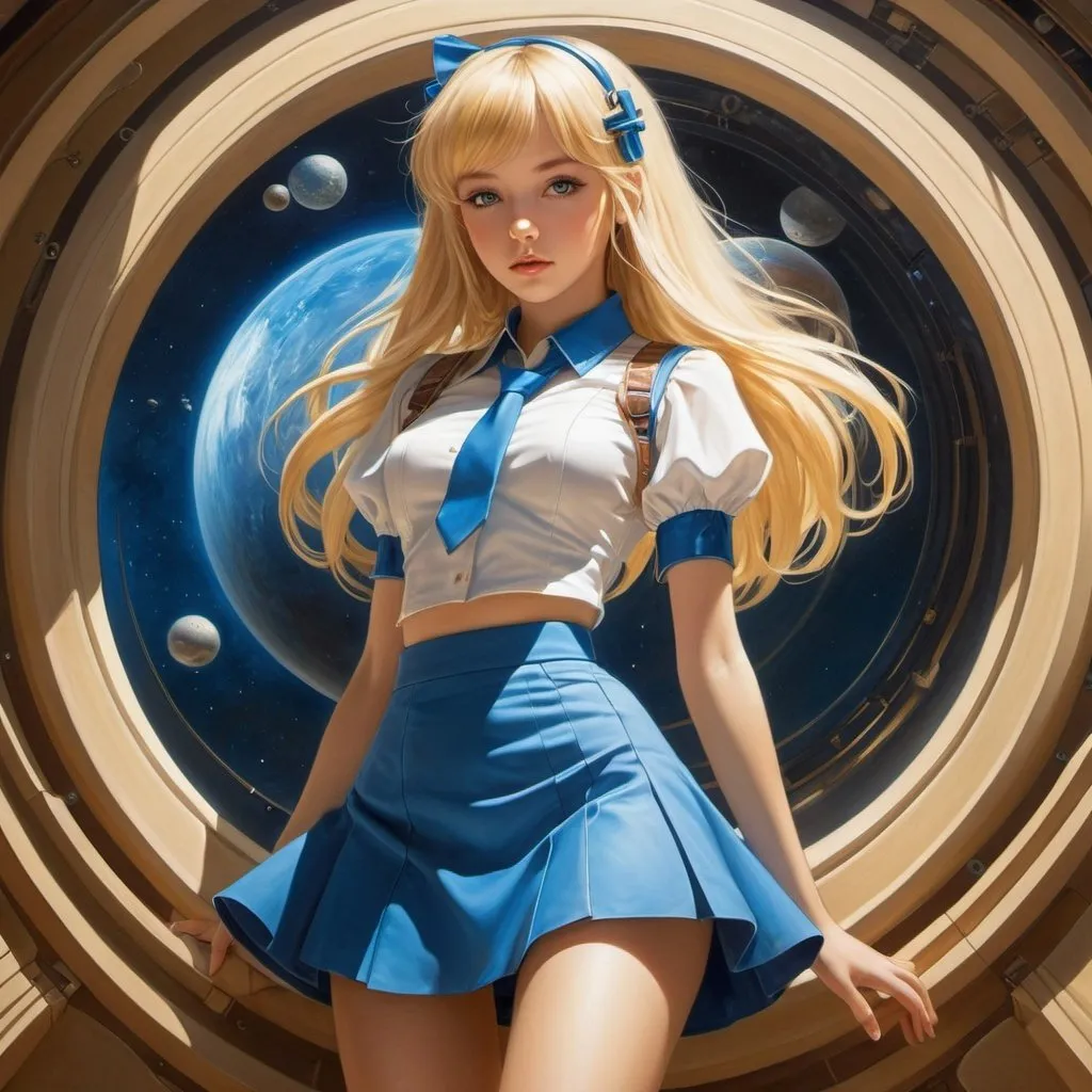 Prompt: Henry Ryland, Jim Burns, Santiago Martínez Delgado, Surreal, mysterious, strange, fantastical, fantasy, Sci-fi, Japanese anime, harmony of sound and blueprint of paradise, Serlie Truss soundscape, blonde miniskirt beautiful girl Alice, perfect voluminous body, detailed masterpiece 