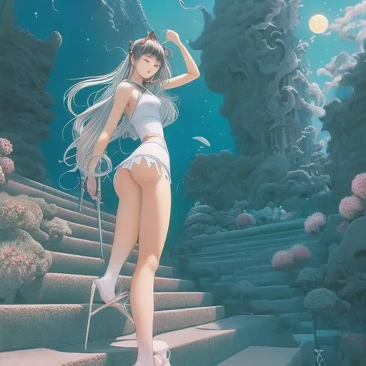 Prompt: Kōji Yamamura, Mary Arrigan, Surreal, mysterious, strange, fantastical, fantasy, Sci-fi, Japanese anime, the surreality of material imagination, deliciousness is happiness, stairs to the moon, miniskirt beautiful girl riding the waves, perfect voluminous body, detailed masterpiece vibrant colours 