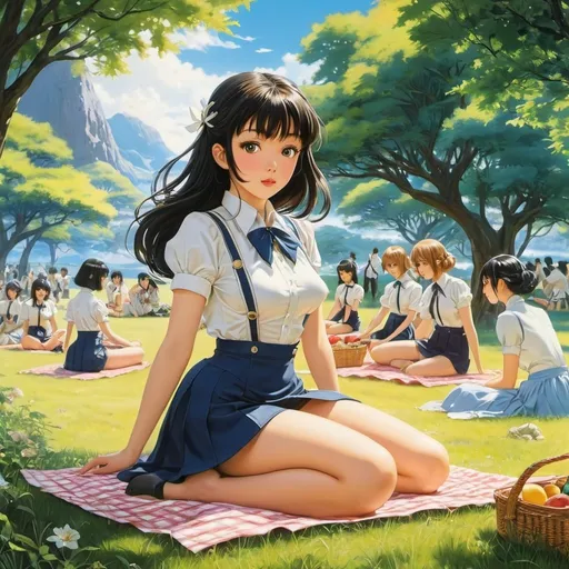 Prompt: Else Wenz-Vietor, George Worsley Adamson, Surreal, mysterious, bizarre, fantastical, fantasy, Sci-fi, Japanese anime, from the city to the frontier, associations and fantasies from the words, miniskirt beautiful girl's class picnic, perfect voluminous body, detailed masterpiece 