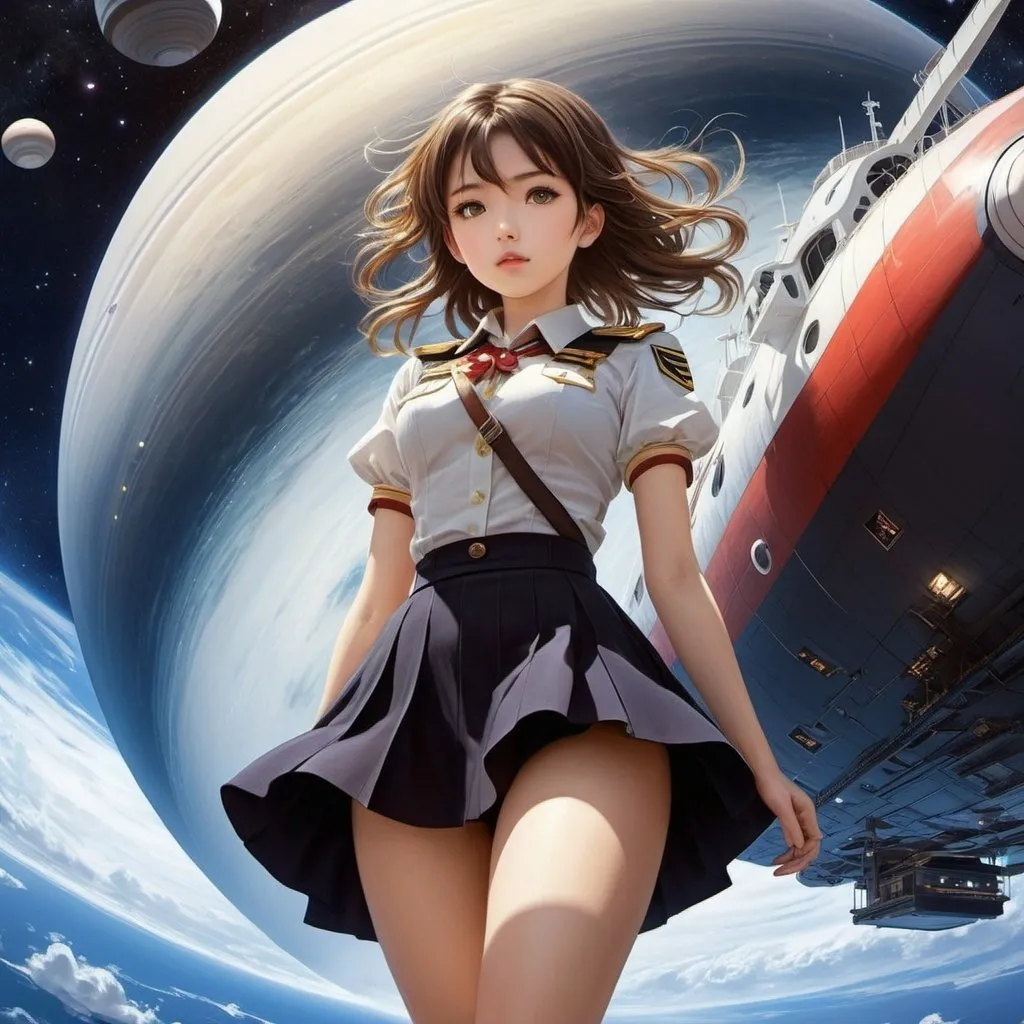 Prompt: Clara Miller Burd, Keiichi Okamoto, Surreal, mysterious, strange, fantastical, fantasy, Sci-fi, Japanese anime, ship carrying Saturn, miniskirt beautiful girl helmsman, perfect voluminous body, detailed masterpiece 