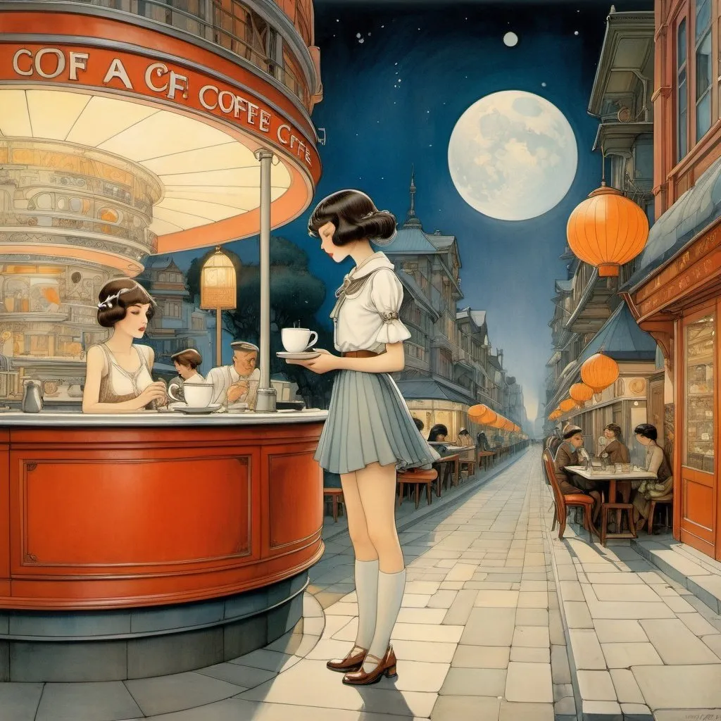 Prompt: Thomas Crane, Virginia Frances Sterrett, Anton Pieck, Surreal, mysterious, strange, fantastic, fantasy, Sci-fi, Japanese anime, spaceship sinking into a coffee cup, street corner cafe, beautiful high school girl in a miniskirt, perfect voluminous body, detailed masterpiece 