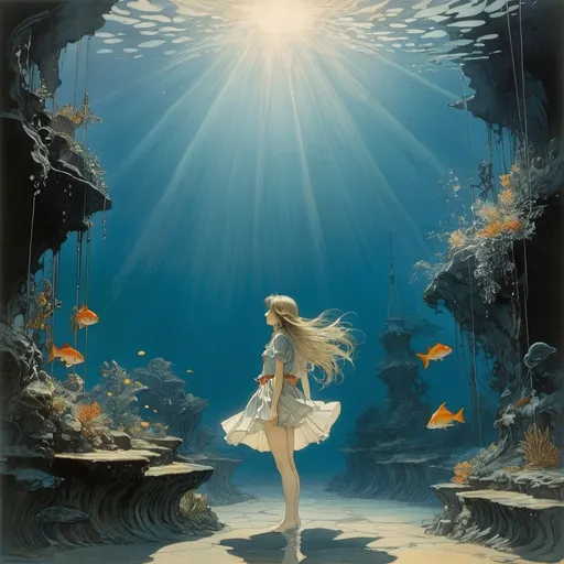 Prompt: Arthur Rackham, Yuu Watase, Yumiko Igarashi, Baron von Lind, Michael Whelan, Surrealism, strange, strange, fantastical, fantasy, sci-fi, Japanese anime, a fragment of the sun sleeping on the deep ocean floor, a beautiful high school girl in a miniskirt asking for directions from the king of fish, perfect voluminous body, a soft rain of light falling from the water's surface, detailed masterpiece 