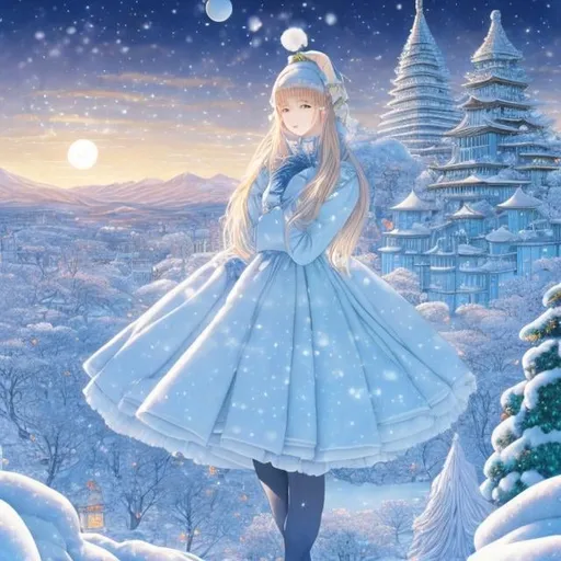 Prompt: Walter Crane, Tomie dePaola, Surreal, mysterious, bizarre, fantastical, fantasy, Sci-fi, Japanese anime, Christmas night, town inside a giant snow kamakura, blueprint of snow crystals, frost-covered trees, Mikado, frost flowers, miniskirt beautiful girl, perfect voluminous body, detailed masterpiece 