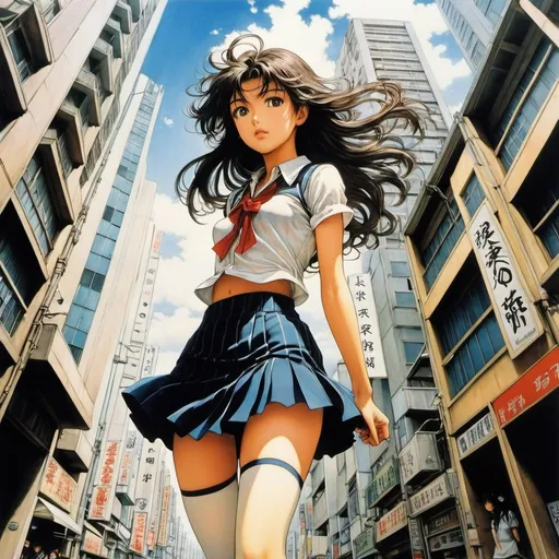 Prompt: Arthur Rackham, Toriko Chiya, Surreal, mysterious, strange, fantastical, fantasy, sci-fi, Japanese anime, a beautiful high school girl in a miniskirt from the giant race, about 100 meters tall, perfect voluminous body, walking through the building streets of Tokyo, bird's eye view, detailed masterpiece 