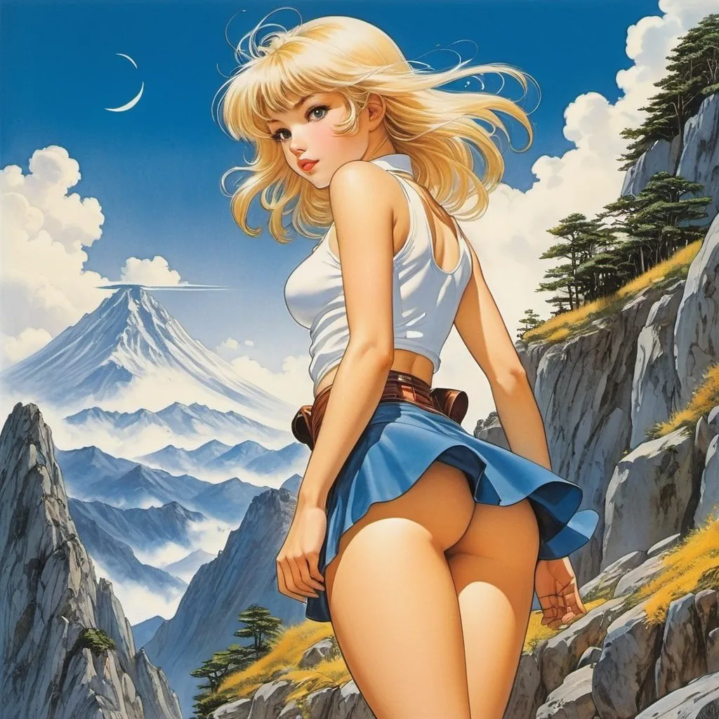 Prompt: Ilon Wikland, Masamune Shirow, Elsa Beskow, Takeo Takei, Sascha Schneider, Surrealism Mysterious Weird Fantastic Fantasy Sci-Fi, Japanese Anime Beautiful Star on the Mountaintop The Adventures of a Miniskirt Beautiful Girl, perfect voluminous body, detailed masterpiece 