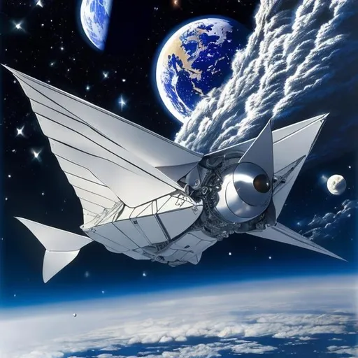 Prompt: Naoyuki Katoh, Anton Pieck, Surreal, mysterious, strange, fantastical, fantasy, Sci-fi, Japanese anime, origami satellite, beautiful girl in a mechanical suit swimming in satellite orbit, perfect body, the moon is close, a meteorite that enters the atmosphere and burns, detailed masterpiece 