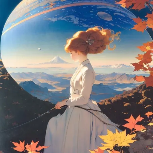 Prompt: Syd Mead, John Bauer, Daphne Allen, Freda Mabel Rose, Hester Margetson, Japanese anime, Autumn leaves, Celestial globe, solo girl, sinking solar system, moving to another world, hyperdetailed high resolution high quality high definition masterpiece 