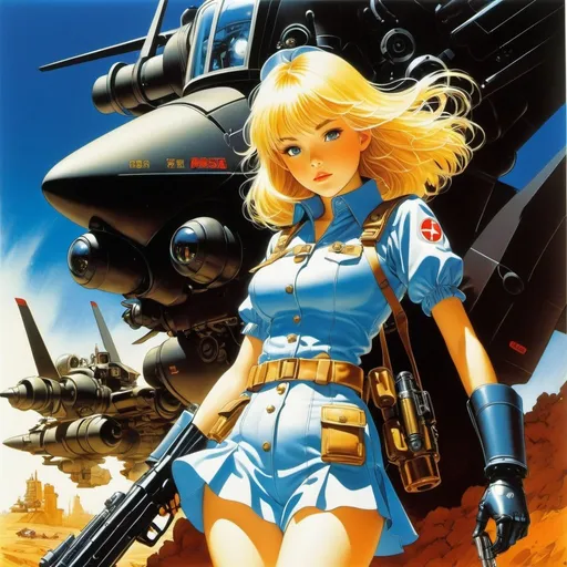 Prompt: Katsuhiro Otomo, Naoyuki Kato, Bruce Pennington, Surreal, mysterious, strange, fantastical, fantasy, sci-fi, Japanese anime, beautiful blonde girl Alice in mechanical combat uniform, perfect voluminous body, destination is the underground world, detailed masterpiece action dynamic 