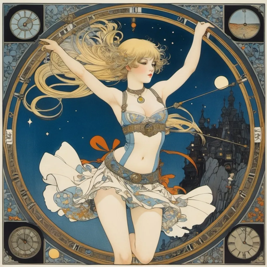 Prompt: Arthur Rackham. George Barbier, Philippe Fix, Shuji Tateishi, Virgil Findlay, Surrealism, mysterious, bizarre, fantastical, fantasy, Sci-fi, Japanese anime, astronomical time-winding device, blonde miniskirt beautiful girl Alice, perfect voluminous body, the eight-trigram board goes around, detailed masterpiece 