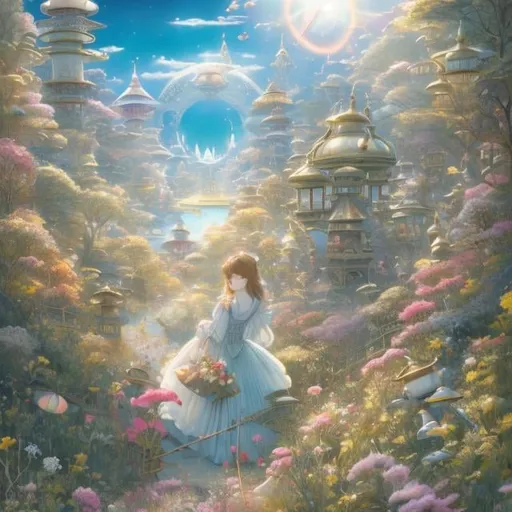 Prompt: Kate Greenaway, Margaret Tarrant, Charles Robinson, Japanese Anime, Surreal Mysterious Bizarre Fantastic Sci-Fi Fantasy, Toyland, The only human being is the girl Alice, Giant teddy bear, Tin Soldier, Supercar, Combat robot, Astronaut Samurai, Lost Alice, Toy City, hyper detailed, high resolution high definition high quality masterpiece 