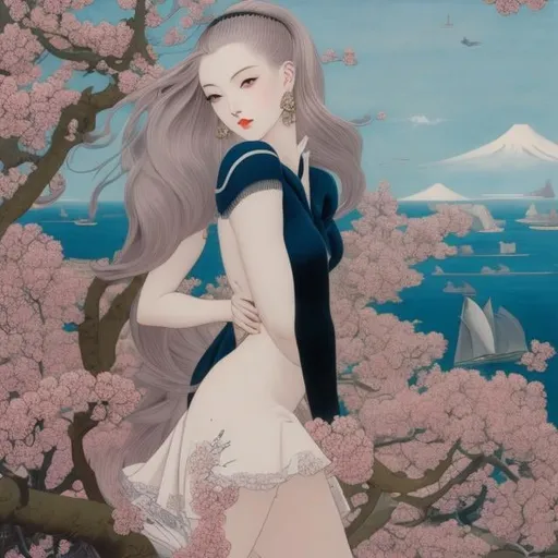 Prompt: George Barbier, james Jean, Paul delvaux, Takeo Takei, Surreal, mysterious, strange, fantastical, fantasy, Sci-fi, Japanese anime, distant sail, futurist, miniskirt beautiful girl, perfect voluminous body, person in this world or in a box, detailed masterpiece 