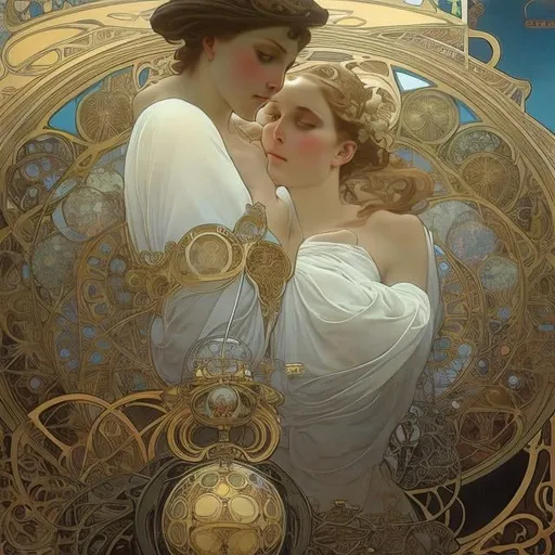 Prompt: Alphonse Mucha, Gerald Brom, Surreal, mysterious, strange, fantastical, fantasy, Sci-fi fantasy, anime, ancient pi, the world of beautiful and mysterious spheres, Kepler's prediction, Steinmetz's solidity, immobile bodies and breathing machine, detailed masterpiece 
