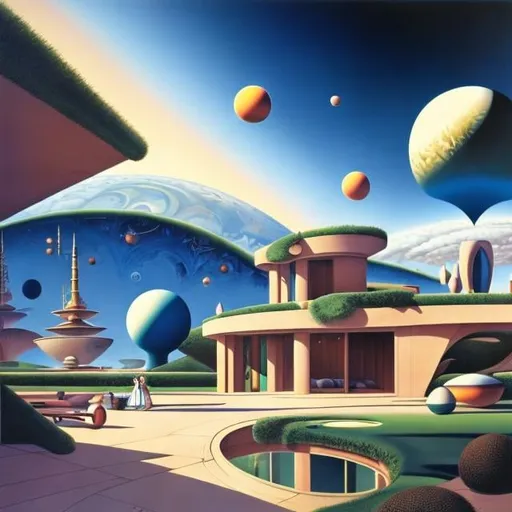 Prompt: Roger Dean, Gil Elvgren, Surreal, mysterious, bizarre, fantastical, fantasy, Sci-fi, Japanese anime, mathematical formula universe, geometric buildings, beautiful girl in perspective drawing, perspective drawings and blueprints, floating spheres, detailed masterpiece 