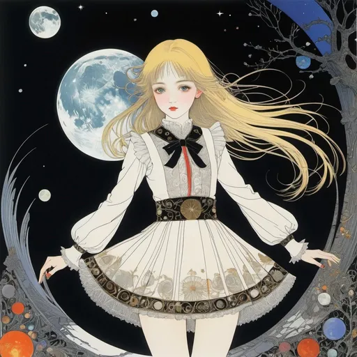 Prompt: Harry Clarke, Lavinia Fontana, Surreal, mysterious, strange, fantastical, fantasy, Sci-fi, Japanese anime, celestial play, solar system, phases of the moon, lunar eclipse territory, beautiful blonde miniskirt girl Alice in the shadows, perfect voluminous body, detailed masterpiece 