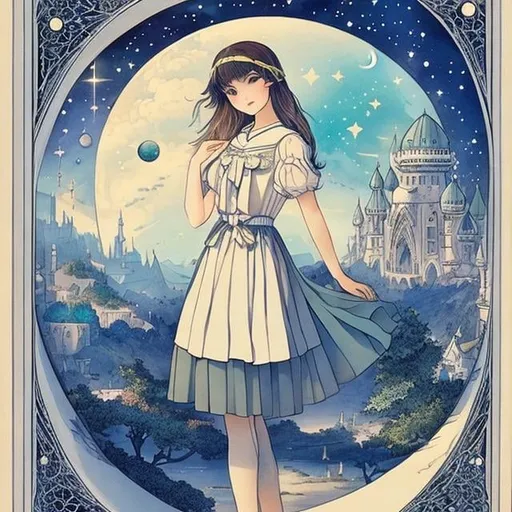 Prompt: Kate Greenaway, Charles Folkard, animesque　surreal　fanciful　wondrous　strange　Whimsical　Sci-Fi Fantasy　Autochthonous dreams　Starry window　A glass plate cut out of outer space　Sea fingers　Super Miniskirt High School Girl