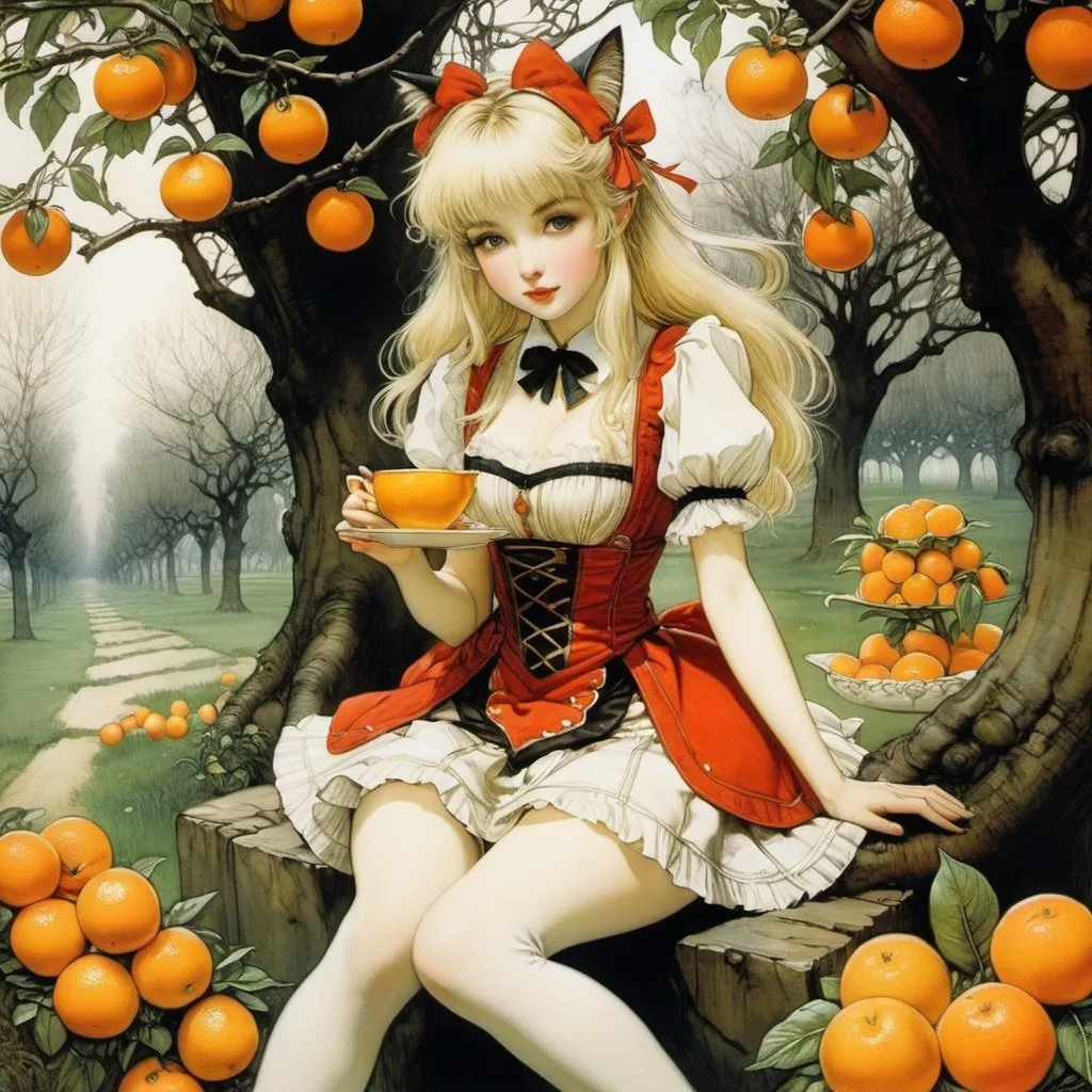 Prompt: Arthur Rackham, Wilhelm Freddie, Surreal, mysterious, bizarre, fantastical, fantasy, Sci-fi, Japanese anime, three-dimensional indoor orchard, beautiful blonde miniskirt girl Alice eating tangerines with deliciousness, perfect voluminous body, Queen of Hearts, Chusha cat, tea party, detailed masterpiece 