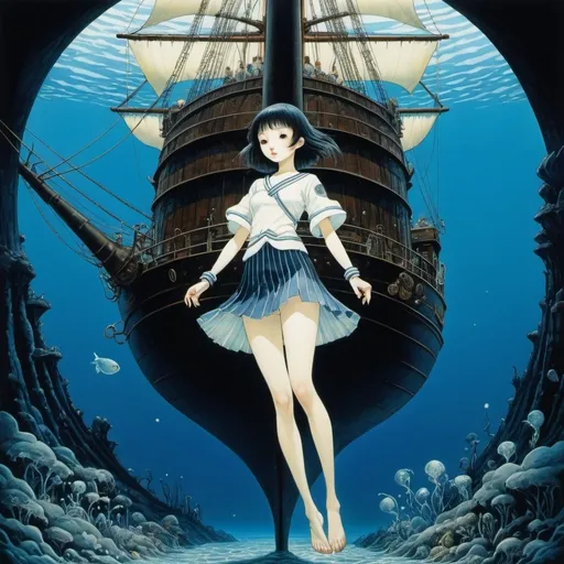 Prompt: Kay Nielsen, Yumiko Kayukawa, Fuyuko Matsui, Daniel Torres, Fernando Dagnino Guerra, Surrealism, wonder, strange, bizarre, fantasy, Sci-fi, Japanese anime, underwater festival, bottled sea, sailing ship sinking into the blue darkness, beautiful high school girl in a miniskirt, perfect voluminous body, detailed masterpiece 