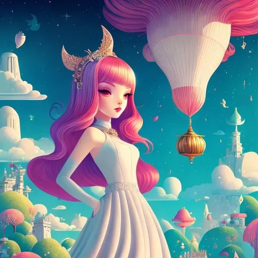 Prompt: Andy Catling, Erte, Surreal, mysterious, strange, fantastical, fantasy, sci-fi, Japanese anime, acorn boat, miniskirt beautiful girl, perfect voluminous body, flowing from a high tower, detailed masterpiece low angles 