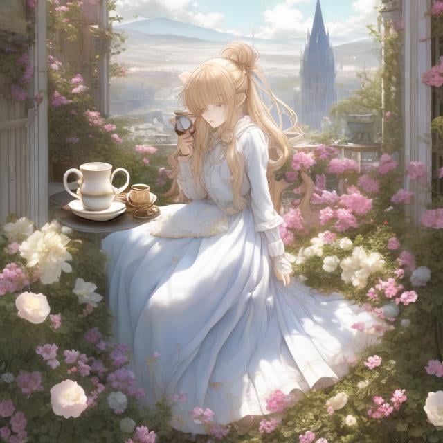 Prompt: Grace Pailthorpe, Beatrix Potter, Surreal, mysterious, strange, fantastical, fantasy, Sci-fi fantasy, anime, Venus sinking to the bottom of a cup, beautiful perfect body girl drinking, cafe terrace, detailed masterpiece 