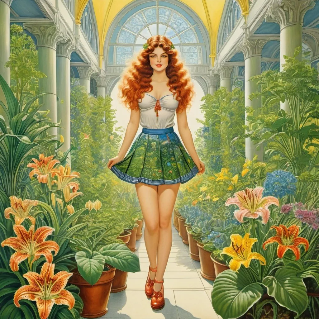 Prompt: Richard Adams, Louis William Wain, Surreal, mysterious, bizarre, fantastical, fantasy, Sci-fi fantasy, anime, kingdom of plants, mini-skirt lily-flower beautiful girl, perfect voluminous body, botanical art, temple of plants, tranquility, natural history, detailed masterpiece 