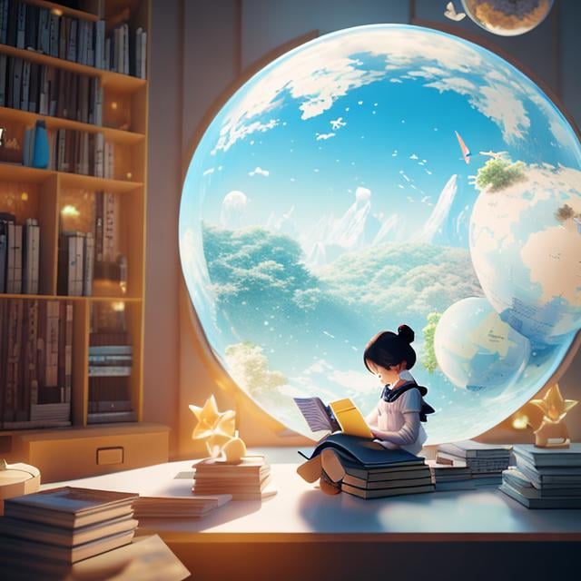 Prompt: Anne Anderson, Barbara Cooney, Japanese Anime Sci-fi Fantasy A girl sitting at a desk and reading a book Study room Floating books, cat, teapot, globe, stuffed bear, spaceship Three-dimensional composition