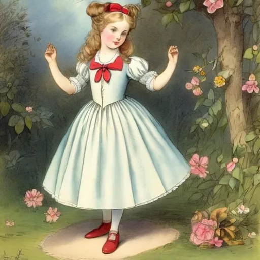 Prompt: Kate Greenaway, Margaret Tarrant art style, Alice in Wonderland Alice is doing yoga on all fours, lifting her hip high. Large chest, large round hip, sweet beautiful face, detailed hight resolution, embarrassing, beautiful girl, cute