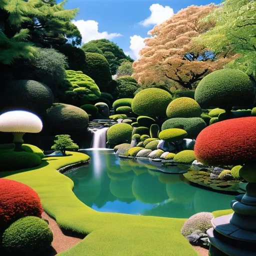 Prompt: Michael Whelan, Riyoko Ikeda, Surreal, mysterious, strange, fantastical, fantasy, Sci-fi, Japanese beautiful garden, picturesque, general optics of refracting telescope, stone flower, beautiful blonde miniskirt girl Alice, perfect body, detailed masterpiece 
